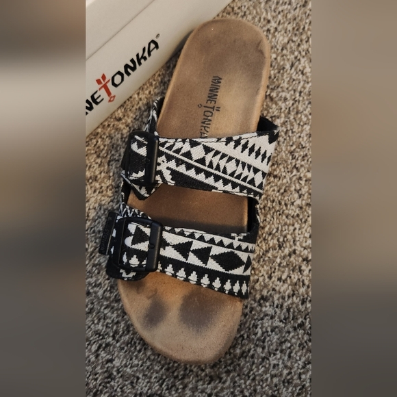 Minnetonka Black and White Slip-On Sandals - Picture 4 of 5